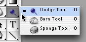all three tone tools shown with the options expanded in the Photoshop tool palette