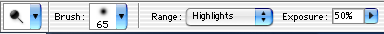 setting options for the dodge tool in the Photoshop 7 U.I.